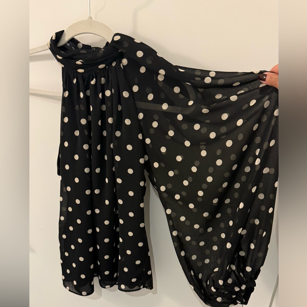 Mango Black Polka Dot One-Shoulder Top - Picture 6 of 8